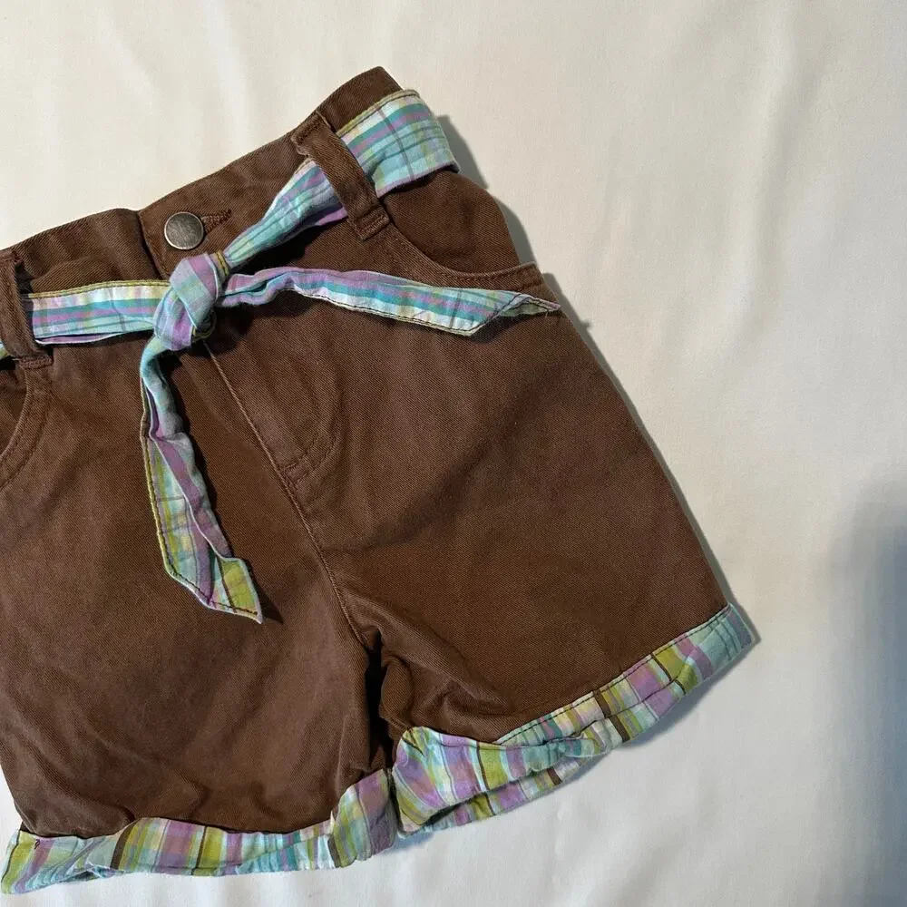 Vintage 2000s Y2K Brown Bermuda Shorts w/ Plaid Trim & Fabric Belt Sz 24 months